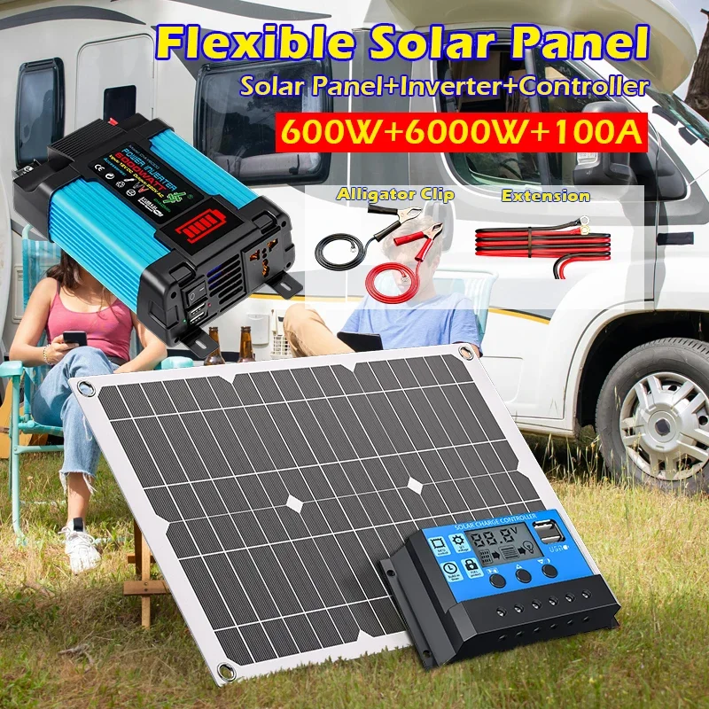 600W Monocrystalline Solar Panel Kit, 12V to 110V/220V Inverter & Charge Controller for Off-Grid Home, RV, Cabin & Camping