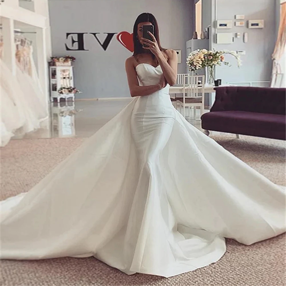 

Gorgeous Satin Beach Wedding Dresses Sweetheart A-line Off Shoulder Sleeveless Mopping Bridal Gown Tulle Applique Bride Party