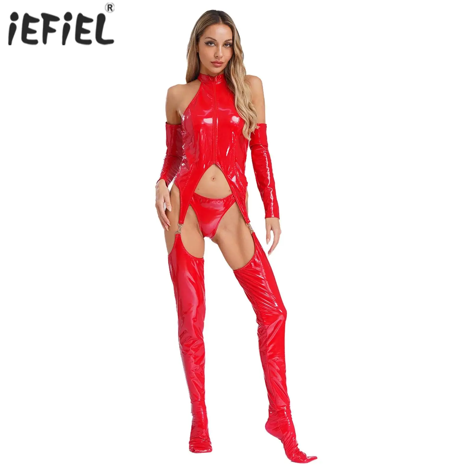 

Women Lingerie Latex Bodysuit Wetlook Faux Leather Hollow Out Catsuit with Briefs and Arm Sleeves Roly Play Costume Club Wear