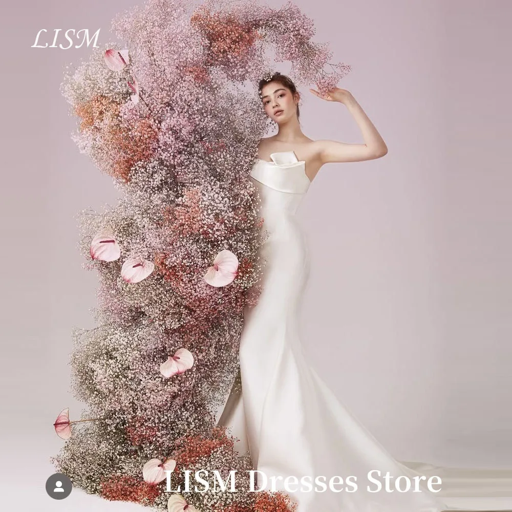 

LISM Elegant Korea Wedding Dresses Photo Shoot Strapless Satin Simple Sleeveless Floor Length Bridal Gowns 웨딩드레스 Customized