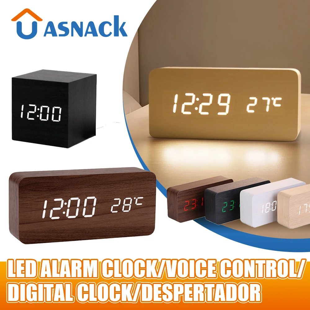 Alarm Clock Table Clock LED Digital Wooden USB/AAA Powered Desk Clock Temperature Humidity Voice Control Electronic Home Decor