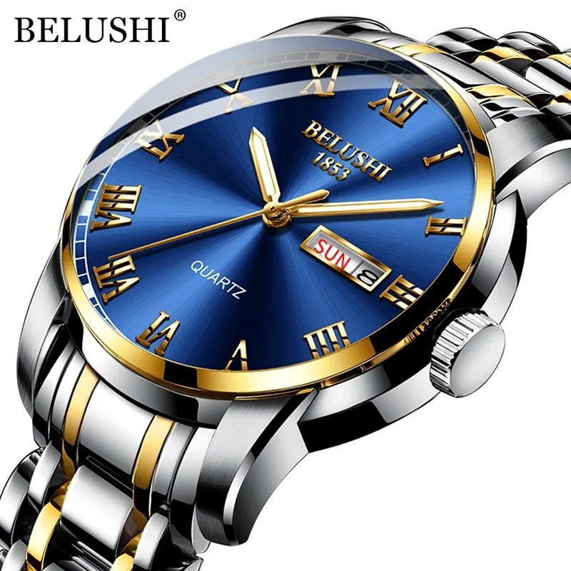 BELUSHI Luxury Men Watches Business Top Brand Man Wristwatch Waterproof Luminous Date Week Quartz Men's Watch Stainless Steel