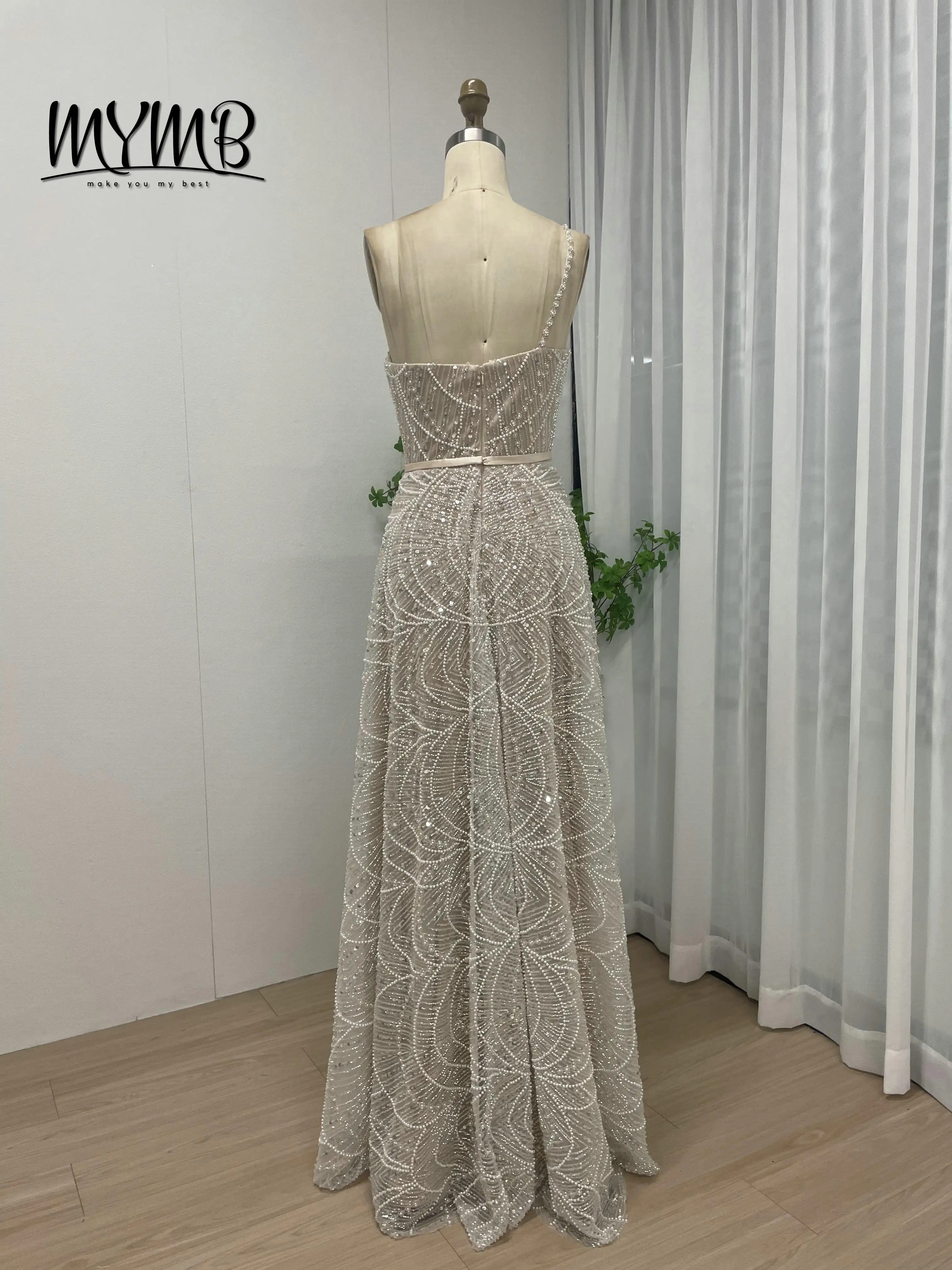 Ekskluzywna, elegancka suknia ślubna w kształcie litery A, zdobiona perłami, cekinami i luksusowymi ramiączkami spaghetti, suknia wieczorowa z paskiem MY30088