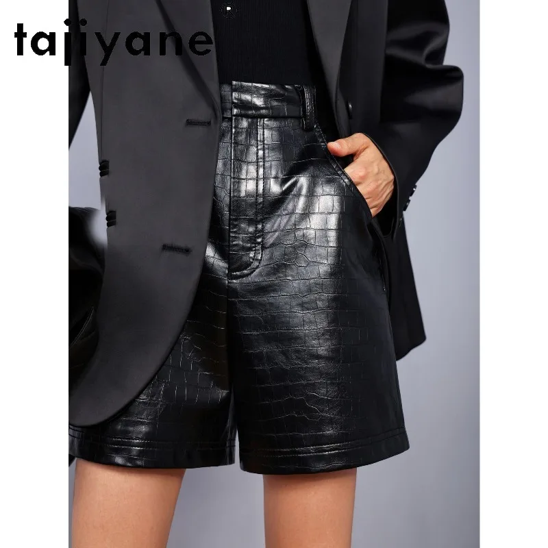 TAJIYANE Geunine Sheepskin Croc Embossed Leather Shorts Straight Pants Women's Shorts Slim Fit Shorts for Woman Streetwear 반바지