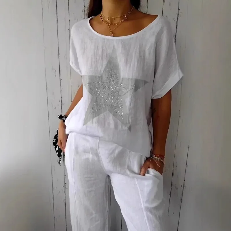 

Custom Women 2025 European And American Summer New Loose T-Shirt Round Neck Cotton Linen Hot-drilled Top