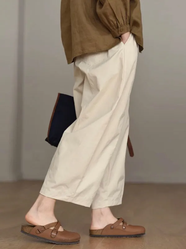 Japan Style Solid Color Pure Cotton Casual Pants for Women Summer Fashion Elastic Waist Loose Casual Ankle Length Trouser