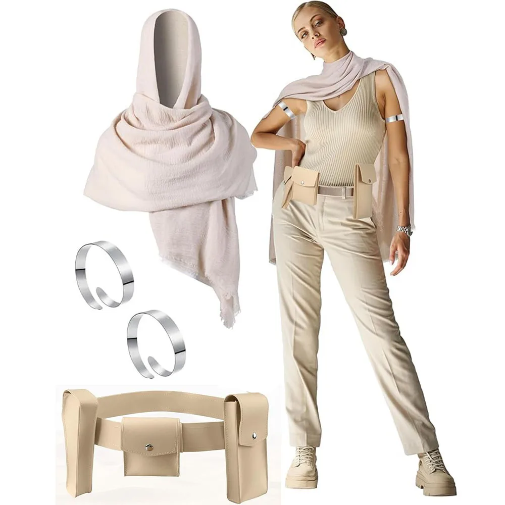 Women Queen Warrior Costume Halloween Padme Cosplay Costume Belt with Pockets Shawl Scarf Arm Cuff Armband Party Roleplay