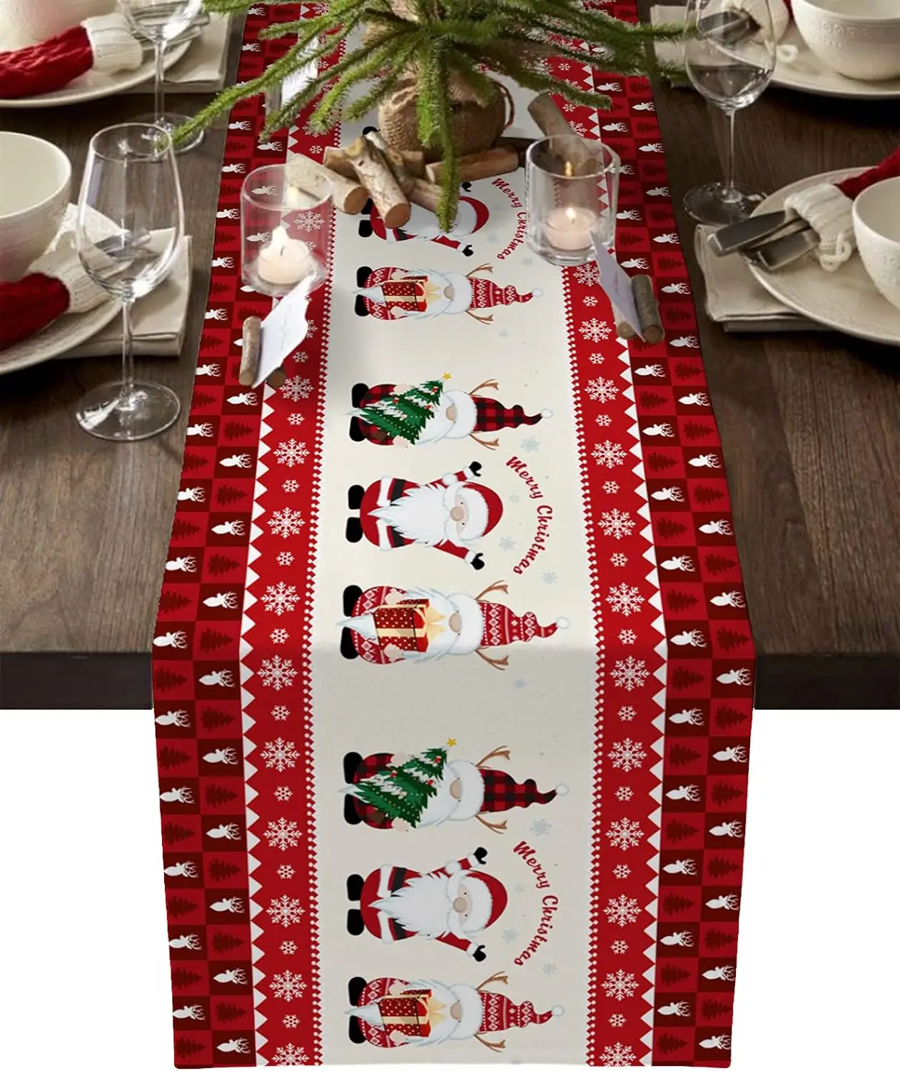 Christmas Gnomes Snowflake Linen Table Runner for Table Decor Winter Xmas Tree Reindeer Plaid Table Runners Christmas Decoration