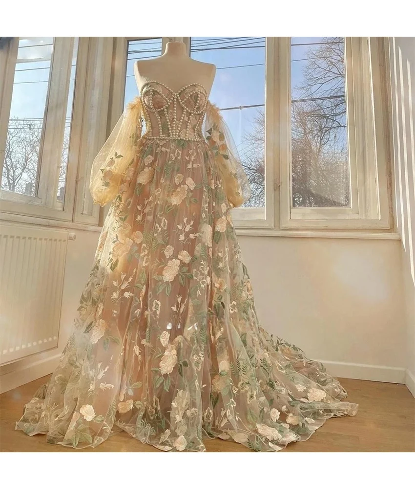 

Customized Graceful Organza A-Line Off the Shoulder Appliques Beading Pearls Flowers Evening Dress Temperament Party Gowns