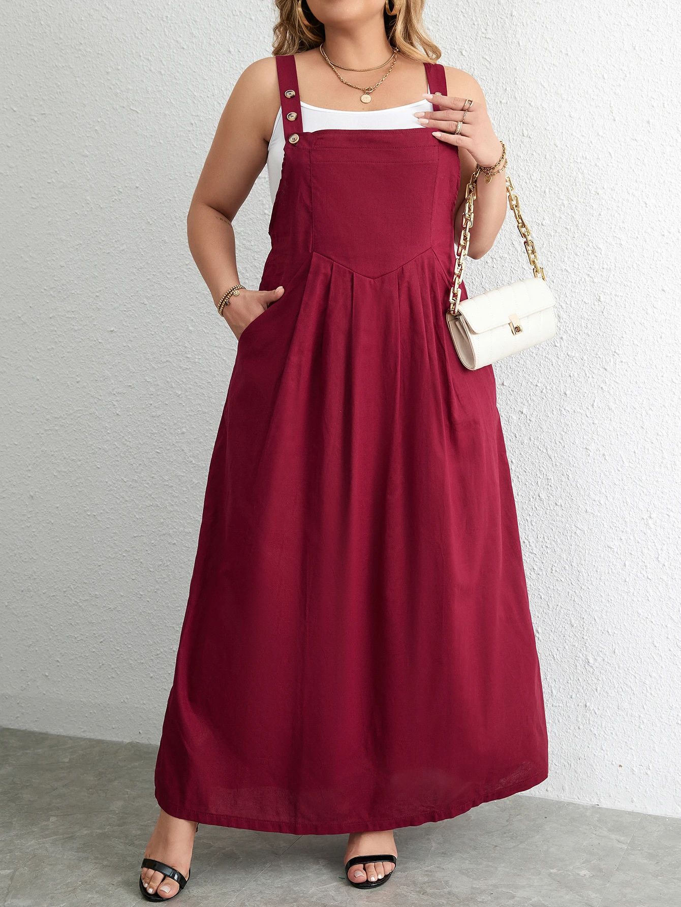 Plus Size Cotton Dress Woman 2024 Summer Sleevless Solid Casual Strap Tank Dress Red Pockets Big Curvy Size Maxi Long Dresses