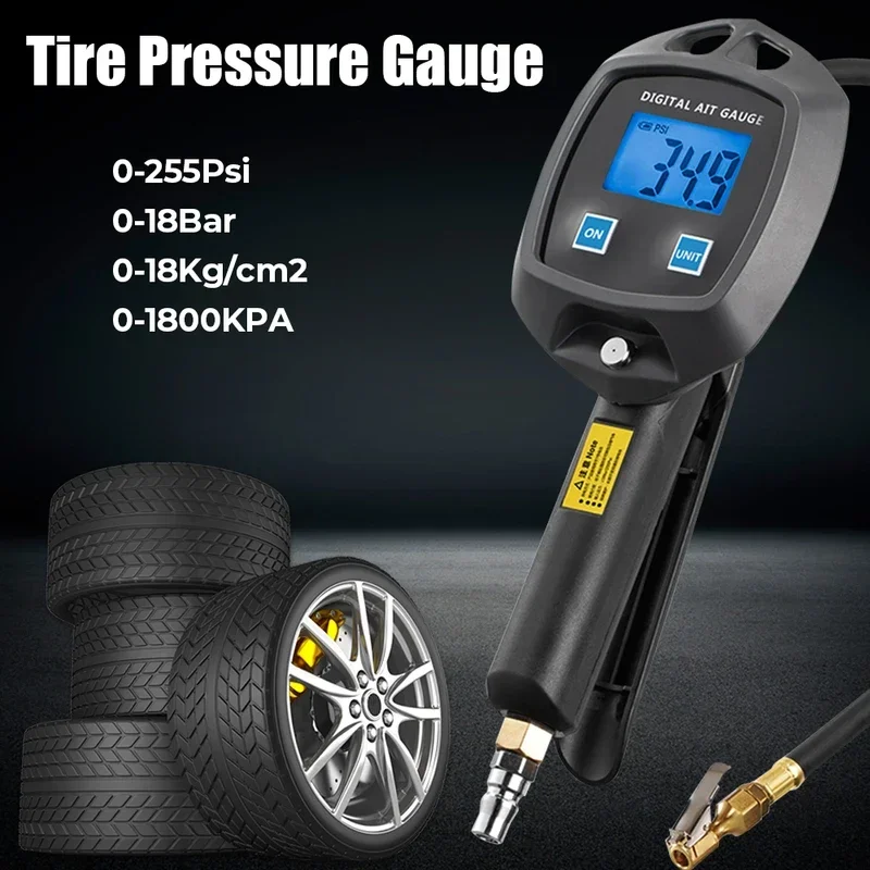 With Inflator Hose Nozzles Car Tester Tire Pressure Gauge 0-255Psi 0-18Bar Monitor Inflation Gun Motorcycle Bike Tyre Manometro