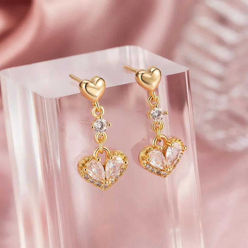 

925 Silver Sweet Double Heart Tassel Shiny Zircon Gold-plated Earrings for Her Birthday Party Gift