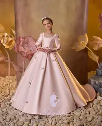 Customized Pink Flower Girl Dresses For Wedding Satin With Bow Floor Length Kids Birthday Party First Communion Ball Gown