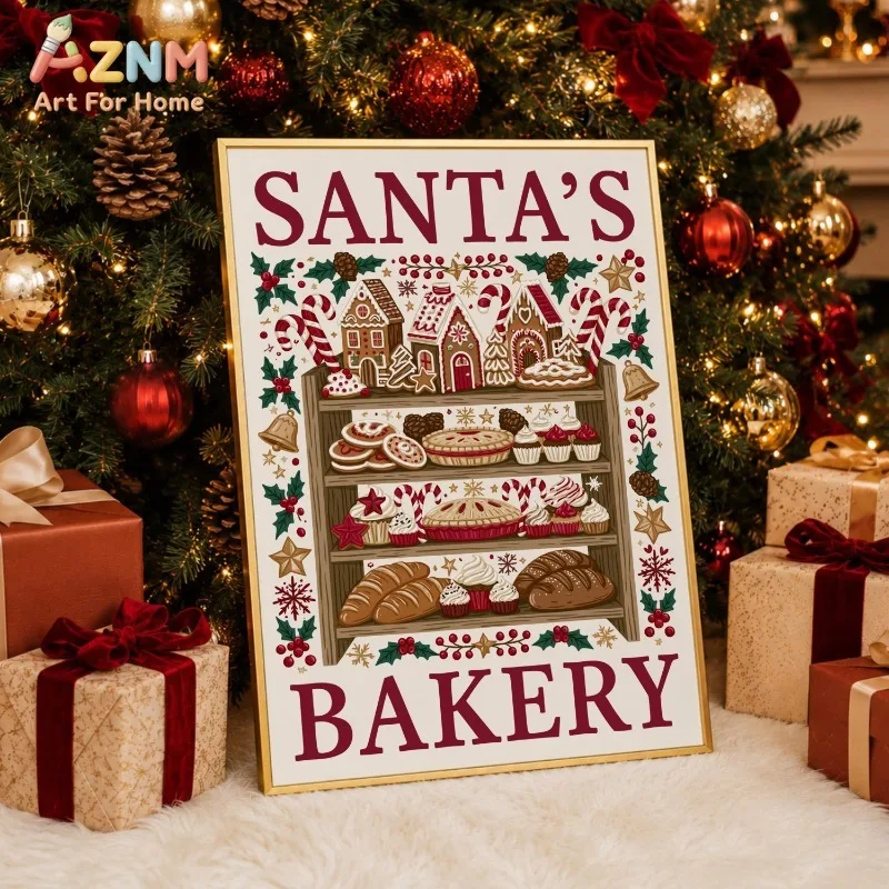 Santa's Bakery Art Canvas Wall Art Christmas Pastry Print Rustic Festive Kitchen Holiday Home Wall Print Unframed Canvas Poster