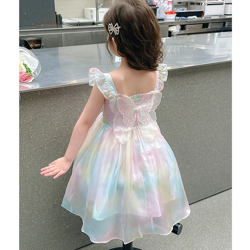 1-8 Years Cute Summer Princess Girls Dress Gradient Rainbow Butterfly Decoration Mesh Dress For Girls Party Prom Gown Clothes