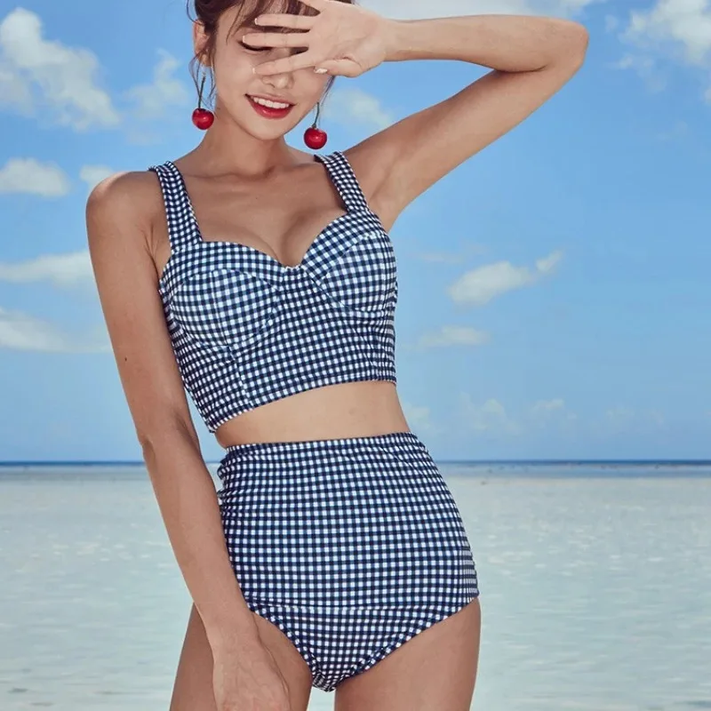 

Women Two-pieces Swimsuit Vintage Plaid Steel Gathered Swimsuit High Waist Bikini Sexy Split Swimsuit Blue Plaid Fresh Swimwear