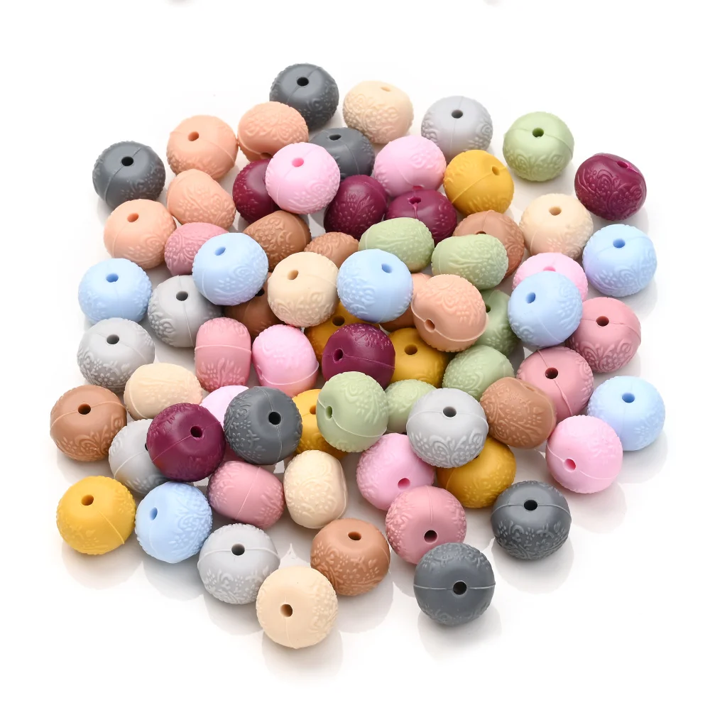 5Pcs Embossed Flat Round Silicone Beads Creative Wheel Beads for Diy Crafts Jewelry Making Bracelet Phone Chain Accessories