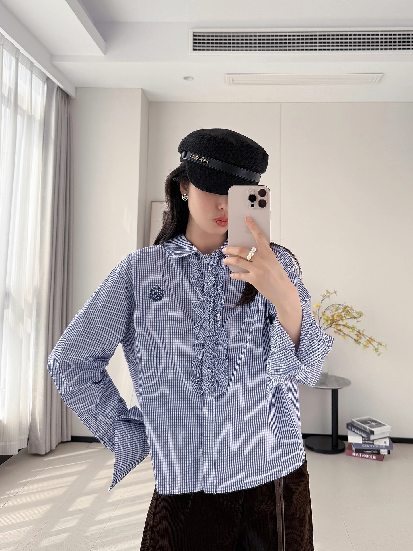 

Женская свободная рубашка Miu College из чистого хлопка с длинным рукавом и отложным воротником, весна-осень