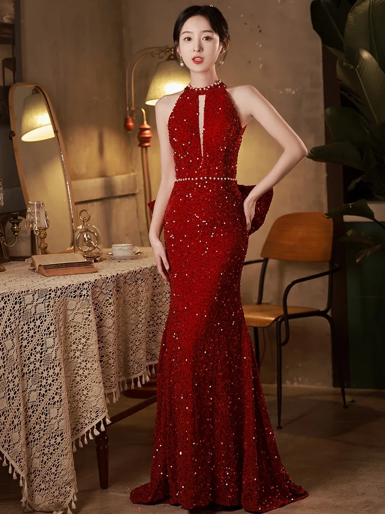 

Wine Red Sequin Party Dresses Halter Mermaid O-neck Beading Bow Backless Vintage Bride Formal Dubai Luxury Evening Gowns 2025