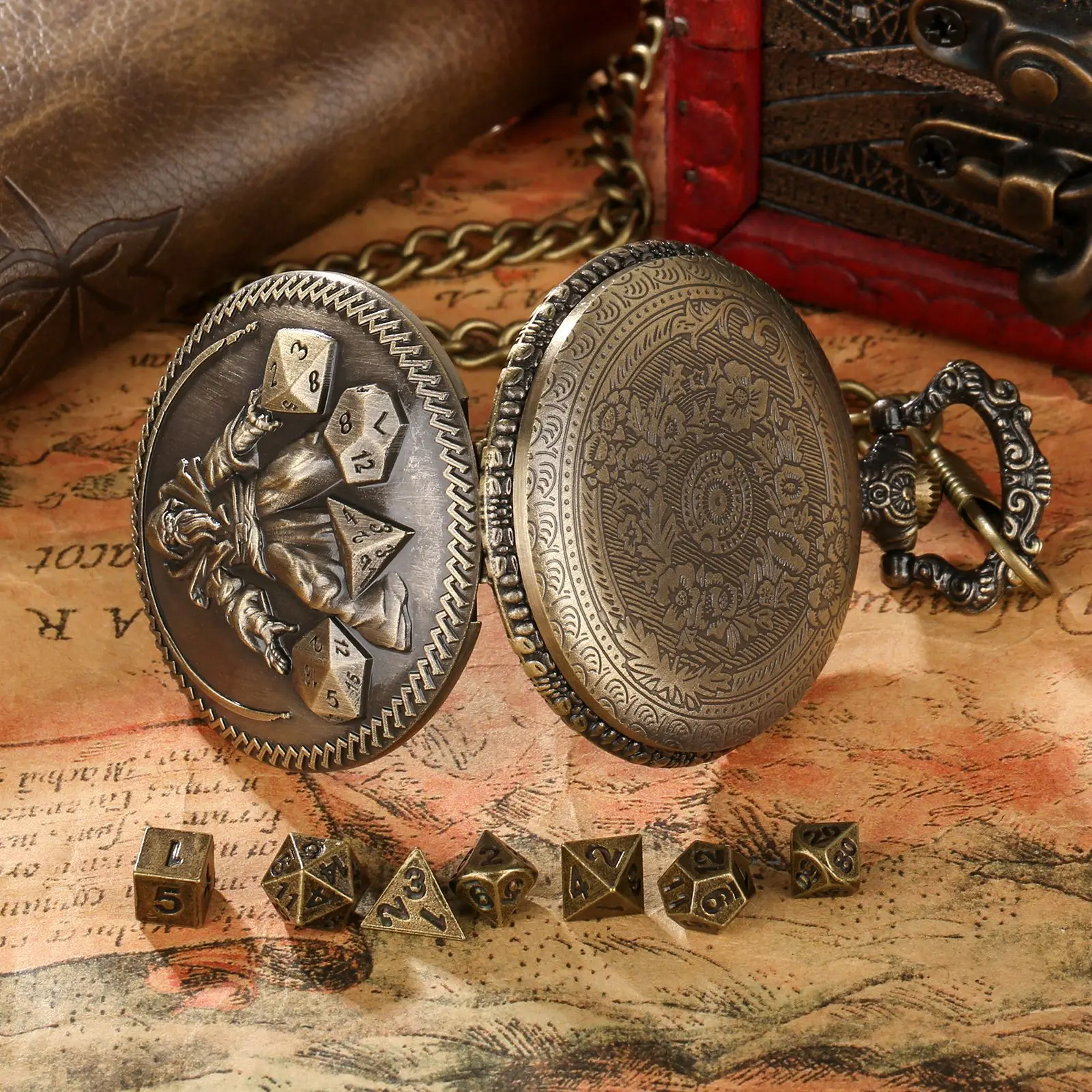 Pocket Watch DND Dice Wizard Pattern Dices Vintage Flip Mage Metal Pocket Watch Case Dice Waist Chain with 7pcs/Set Mini Dices