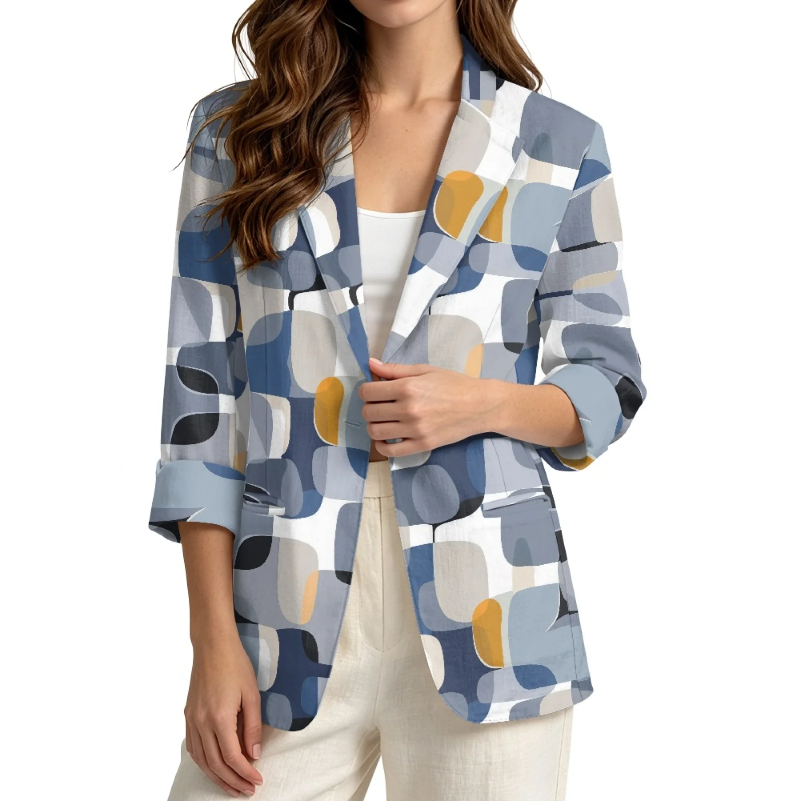 PENSTROLL Geometric Linen Like Open Front Button Cardigans Thin Coat for Women Lightweight Light Cover Up