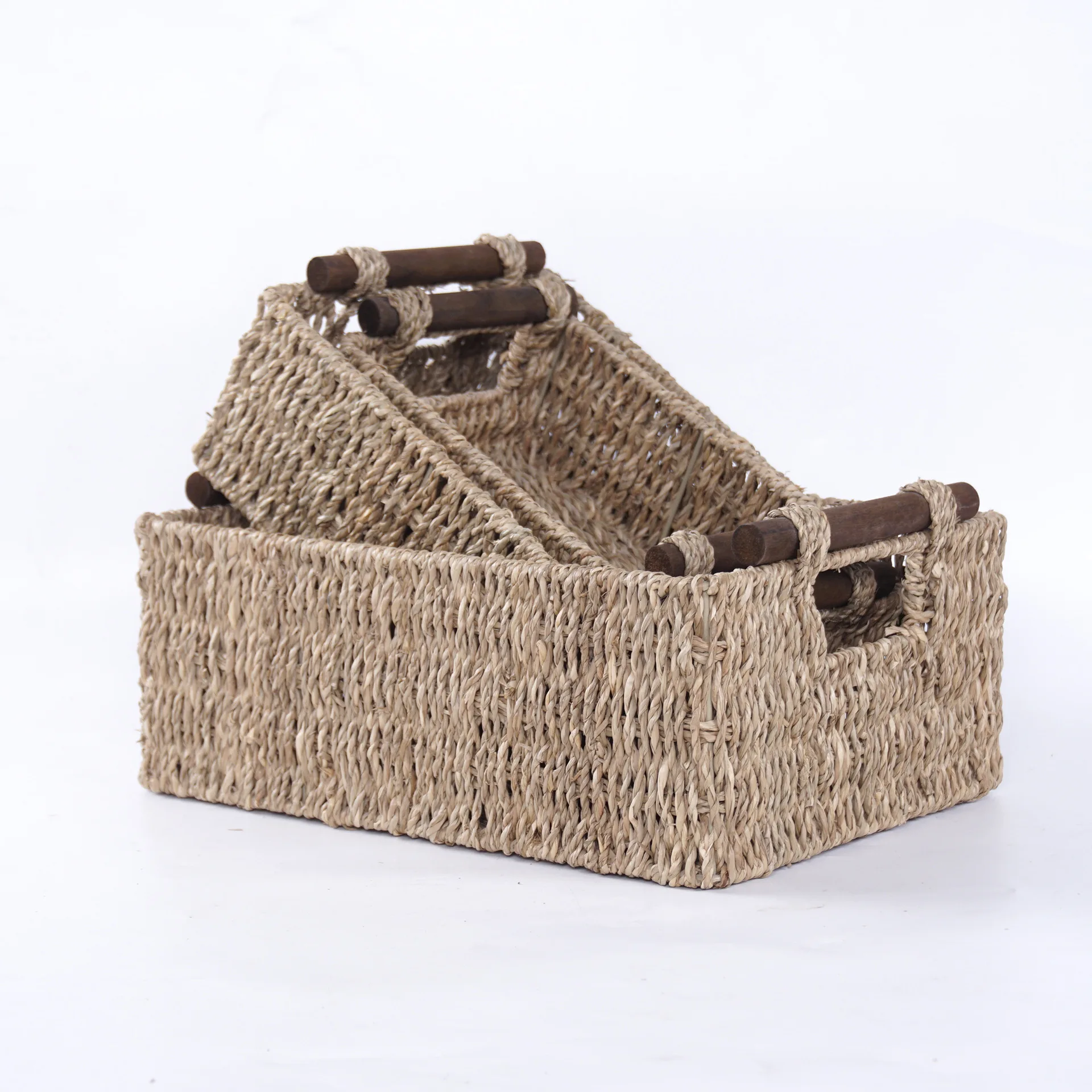 

Set of three rectangular seaweed woven tote baskets, storage baskets, woven baskets, and white woven storage baskets