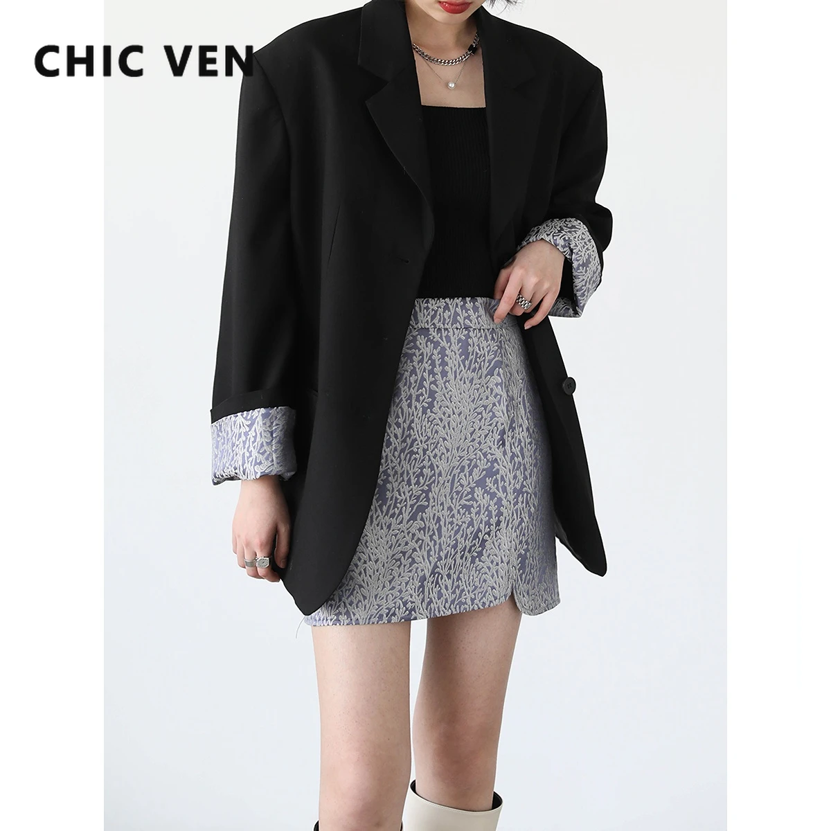 

CHIC VEN Women's Skirts Retro High Waist Jacquard New Chinese A-line Skirt for Women Office Lady Spring Summer 2023