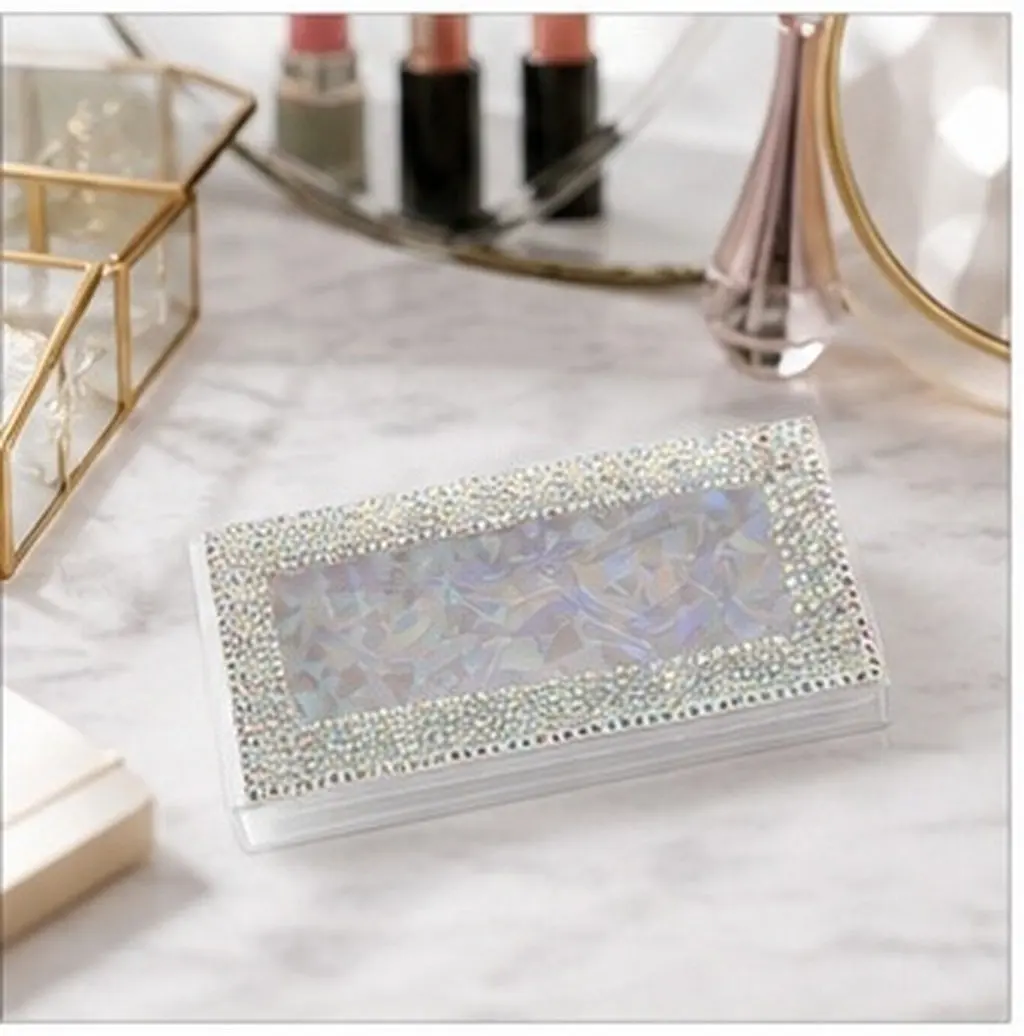 Rhodium-Plated Rhinestone-Embellished Rectangular False Eyelash Box with Pull-Out Tray and Base Card for Travel Storage Display