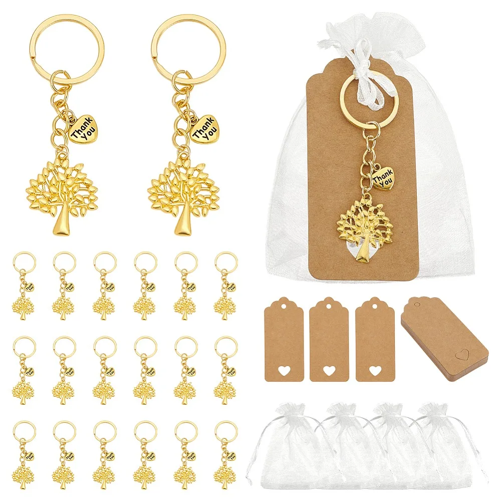 

Alloy Keychain with Iron Ring Kraft Paper Price Tags Organza Gift Bags Tree of Life Golden Golden 79mm