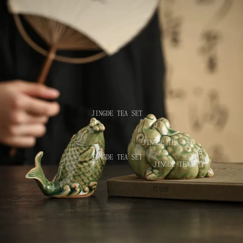 Celadon Green Ceramic Koi Fish Tea Pet Figurine Lucky Carp Statue for Kung Fu Tea Table Tea Pets and Feng Shui Home Decor view 3