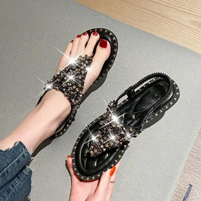 Sandals for Women Summer 2024 Rhinestones Beach Ladies Shoes Diamond Footwear Open Toe Comfort Comfortable and Elegant Vip F H