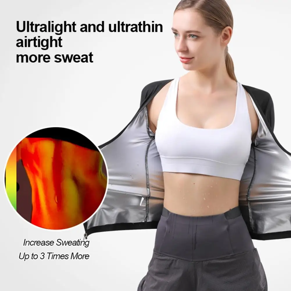 LISA SWEAT Sauna Suit For Women Sweat Body Shaper Hot Waist Trainer Long Sleeve Zipper Shirt Workout Top Silver