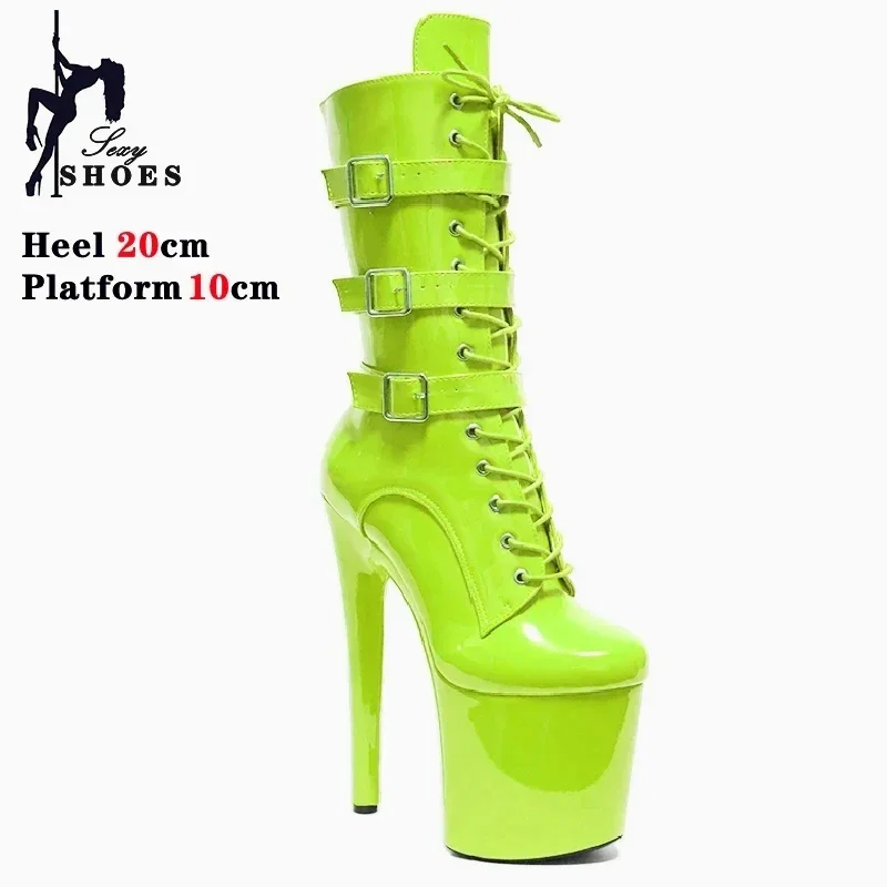 Fluorescent Green Women\'s Boots Belt Buckle Roman Knight Boots Waterproof Platform High Heels ANKLE Boots Pole Dance Shoes