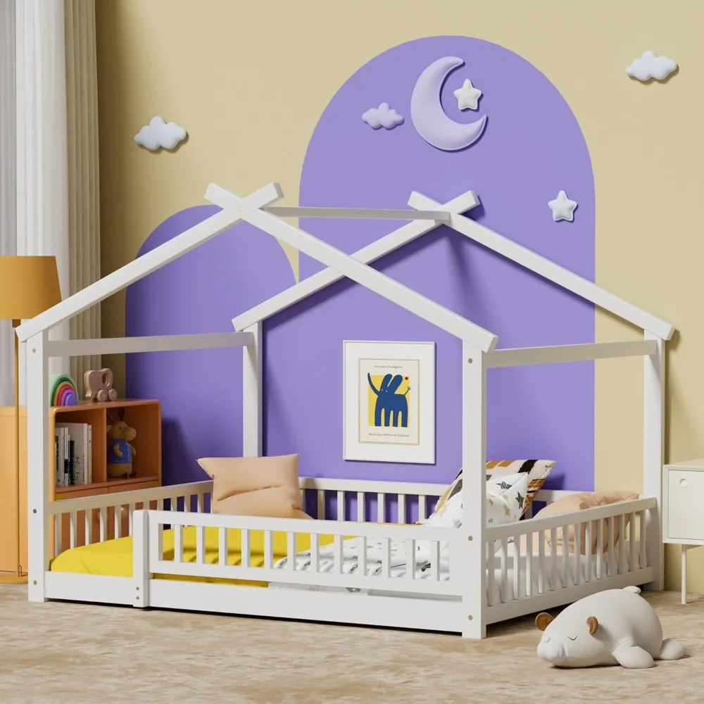 سرير أرضية كاملة مع درابزين أمان، سرير أرضية مونتيسوري خشبي مع سقف، إطار سرير مونتيسوري للمنزل مع شرائح، بدون صندوق Spr #1