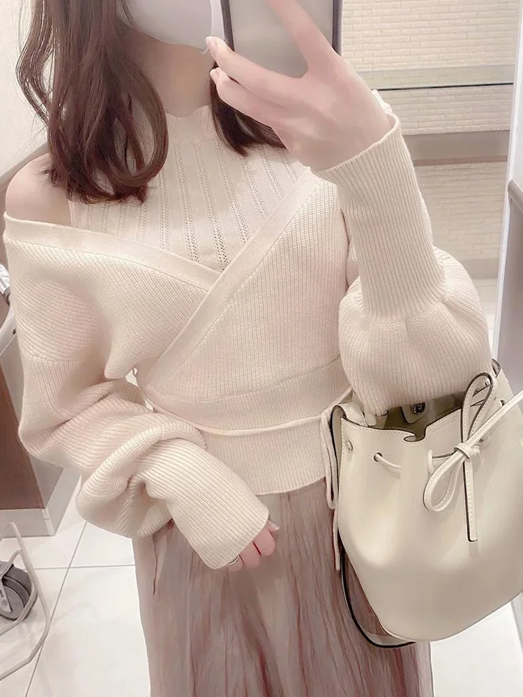 Autumn Winter New Knitwear Japanese Style Sweet Off-the-Shoulder Cross Lace-up Turtleneck Fake 2-Piece Knitted Sweaters Pullover