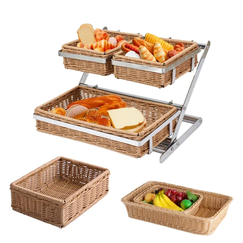 

apply Hotel Double-Layer Rattan Bread Basket Buffet Fruit Cake Dessert Food Tray Display Stand Dessert Table Ornaments
