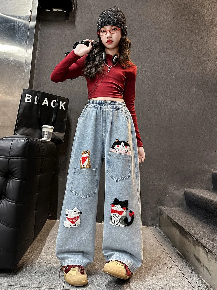 

Spring Autumn Casual Wide Leg Jeans Girls Cartoon High Waist Denim Pants Children's Faionable Straight Leg Trousers