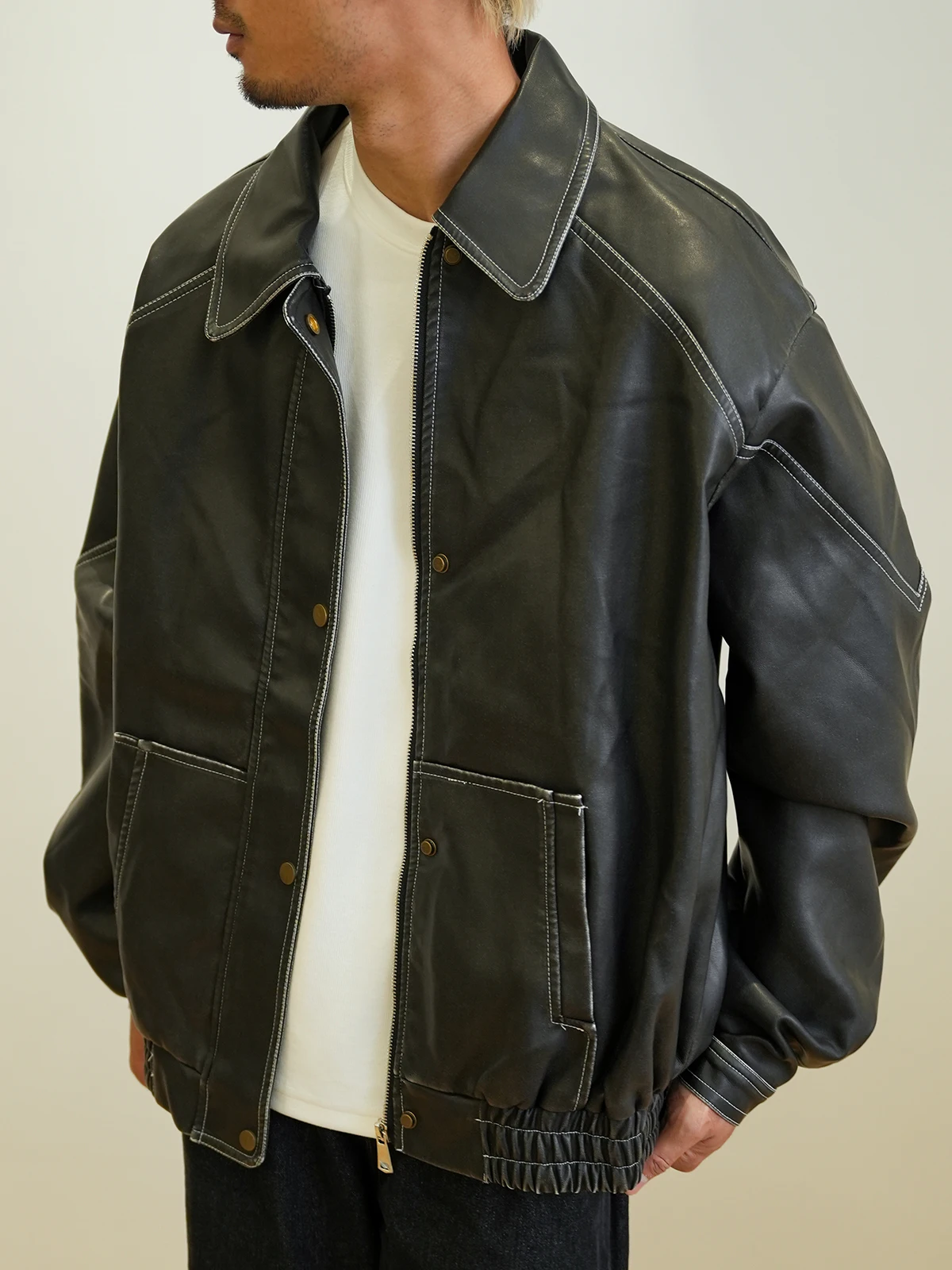 LAOYAN Original American Sle Motorrad Jaet PU Leder Vintage genähte Linie Herren Retro High Street Cool Ledermantel