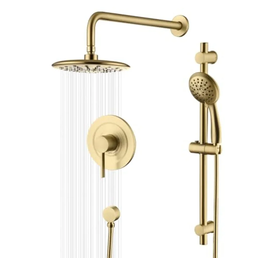 

Душевая система с многофункциональными насадками высокого давления и ручным душем, матовый золотой душевой смеситель с эффектом тропического дождя, полный комплект с душевой лейкой.