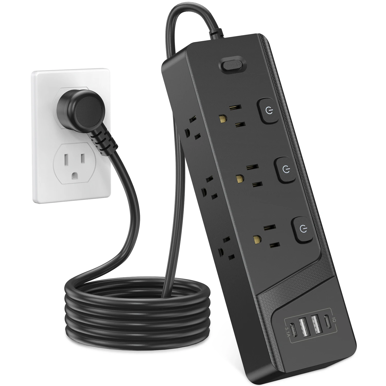 10-in-1 Ultra-Wide Pitch Smart USB Power Strip 6AC+2USB-A+2Type-C 1250W Overload Protection Multi-Functional Power Board