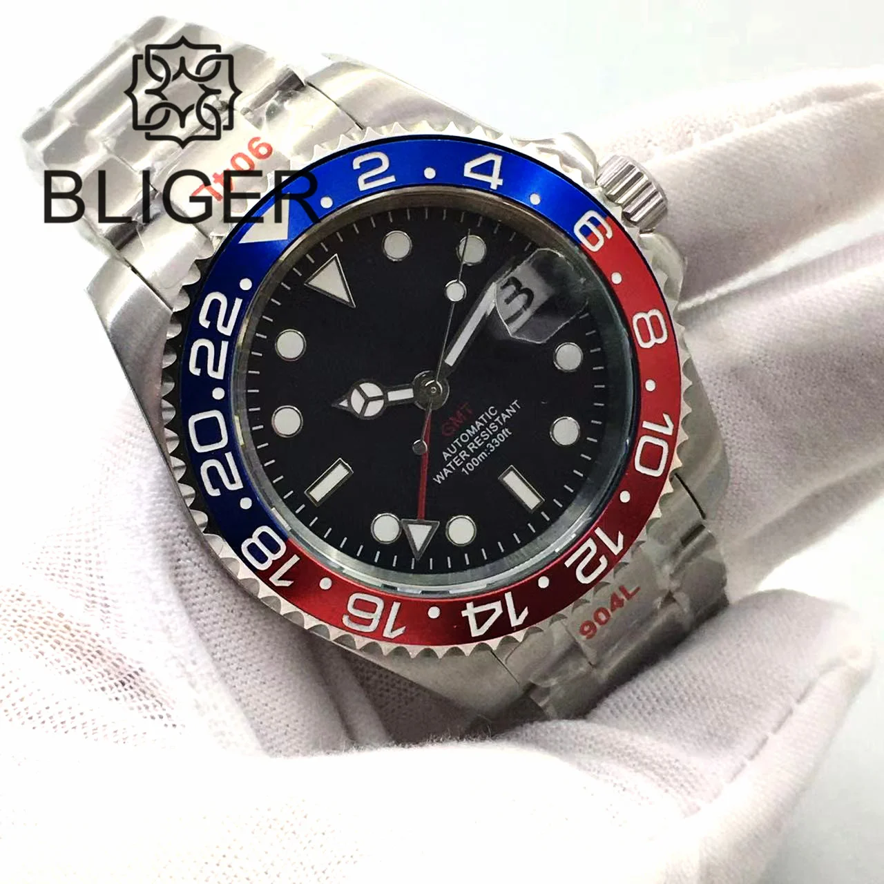 BLIGER 40mm zegarek nurkowy dla mężczyzn NH34 GMT automatyczna czarna tarcza czerwona litera Pepsi kolorowa ramka 120 kliknięcie ceramiczna