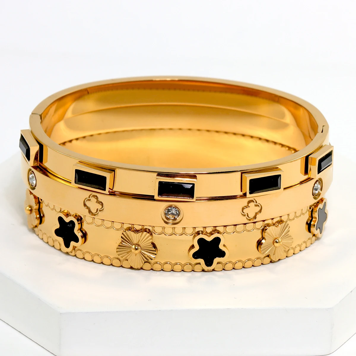 3 قطعة/المجموعة الأوروبية والأمريكية الأزياء الفولاذ المقاوم للصدأ سوار للنساء مع زهرة تصميم مجموعات الإسورة والمجوهرات #4