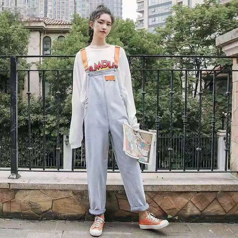

Women Denim Jumpsuits Fashionable Overalls Leisure All-match Lovely Ulzzang Temperament Students Simple Patches Teens Vintage
