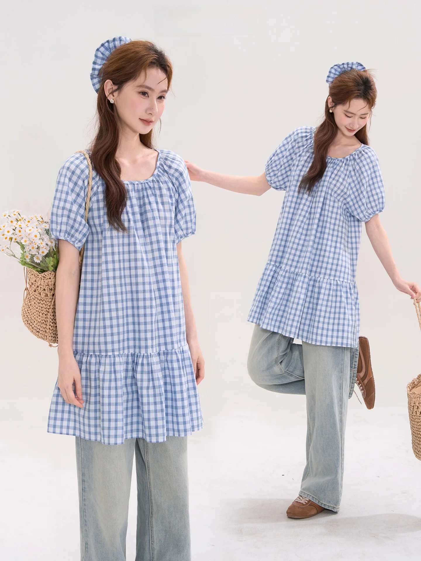 

Summer Anti-Aging Plaid Bloom Sleeve round Neck Dress Women's Style Korean Cotton Bubble Sleeve Short Sleeve Loose Fit Dress