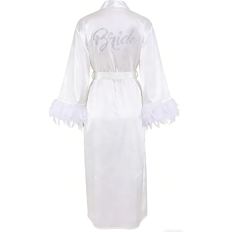 Bride Robe with Feather for Wedding Day Bridal Satin Robe Sexy Silk Bride Bathrobe for Women Bachelorette Wedding Party Getting