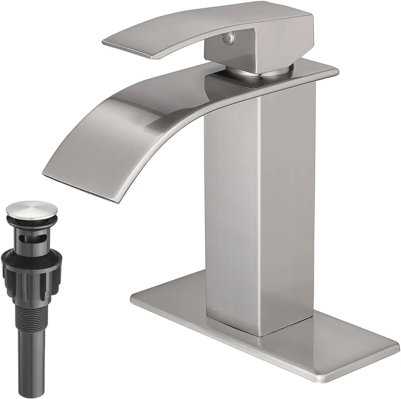 

Modern Brushed Nickel Waterfall Bathroom Faucet with Single Handle, Deck Plate, and Pop-Up Drain for Sinks