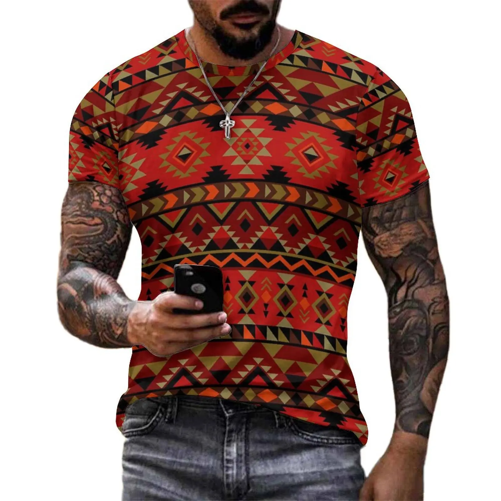 Men Vintage Ethnic T Shirt Red Aztec Print Fashion T Shirts Short-Sleeved Design Tshirt Hot Premium Classic Big Size Clothes