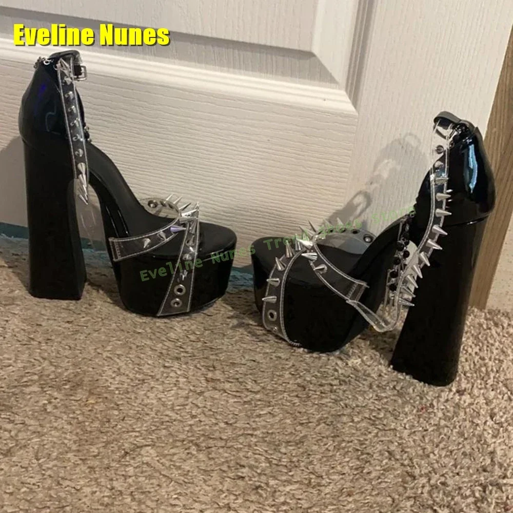 Transparent Band Rivet Spikes Punk Sandals Open Toe Block Heels Platform Metal Chain Decoration Y2K Cosplay Shoes 2025 Summer