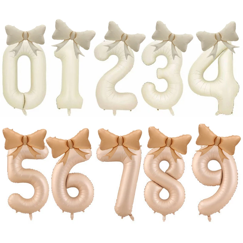 40-calowe kremowe balony numeryczne z kokardą Balon foliowy 1 2 3 4 5 Czarno-biały balon z kokardą na urodziny Baby Shower Party Decor