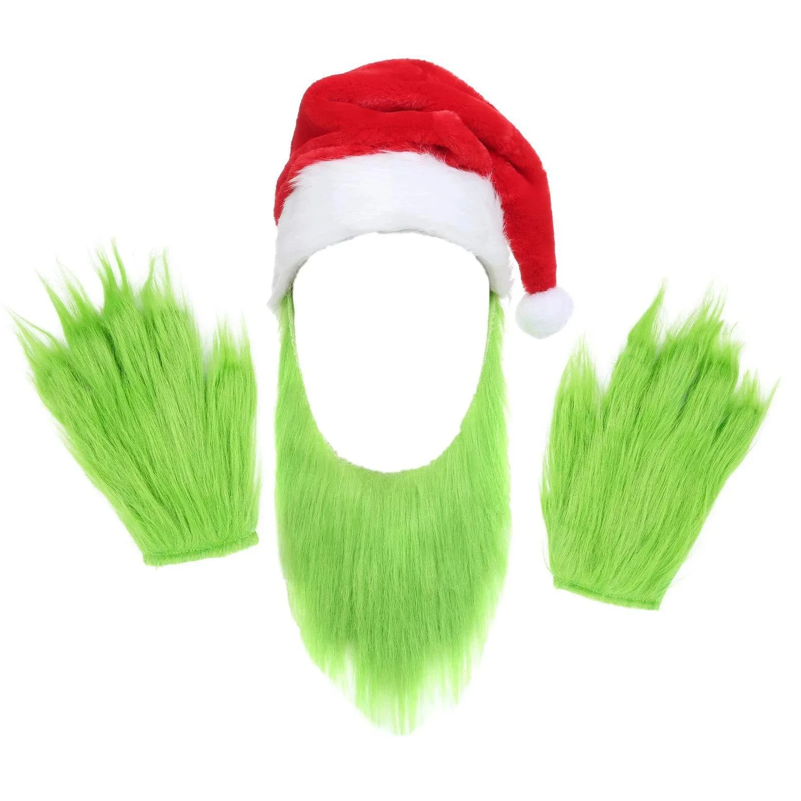 Monster-Weihnachtsmann-Kostümset – grüner Bart, pelzige Mütze und Handschuhe für Halloween und Weihnachten, Cosplay, Karneval, Partyzubehör
